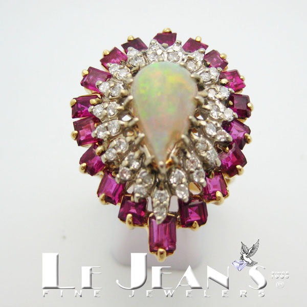 Opal Diamond and Ruby Ring in 14Karat Yellow Gold