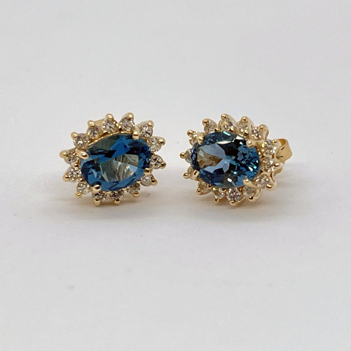 Blue Topaz and Diamond Earrings 14 Karat Gold
