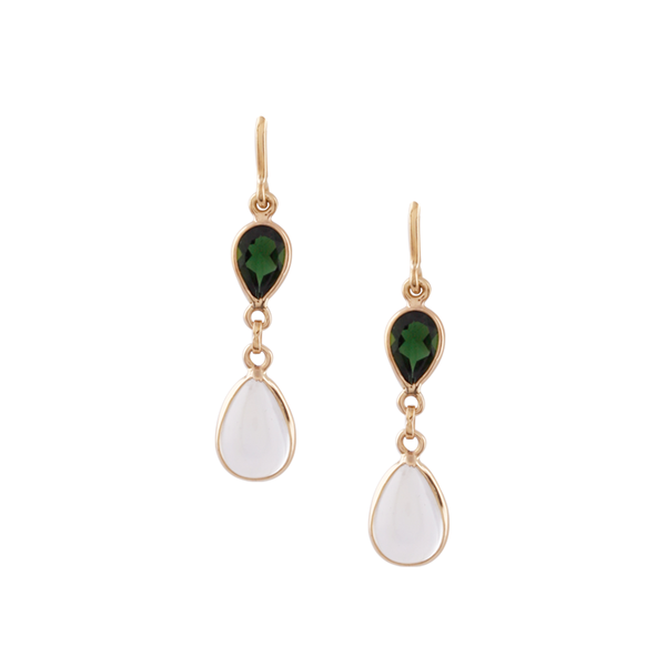 Tsavorite & Rainbow Moonstone Pear Shaped Earring in 18k Yellow Gold