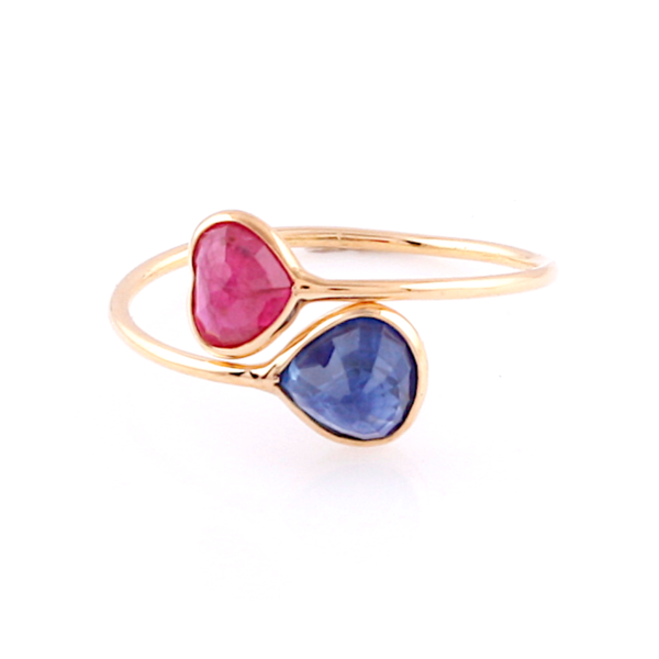 Ruby Heart Shaped & Blue Sapphire Pear Shaped Ring in 18k Yellow Gold