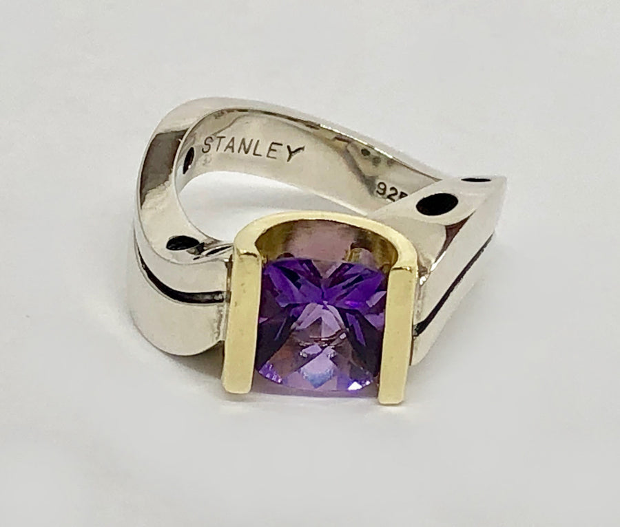 Custom Made Amethyst Ring 18Karat and Sterling Silver