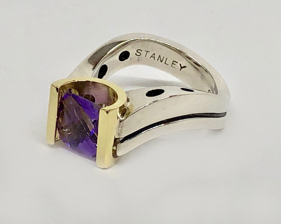 Custom Made Amethyst Ring 18Karat and Sterling Silver
