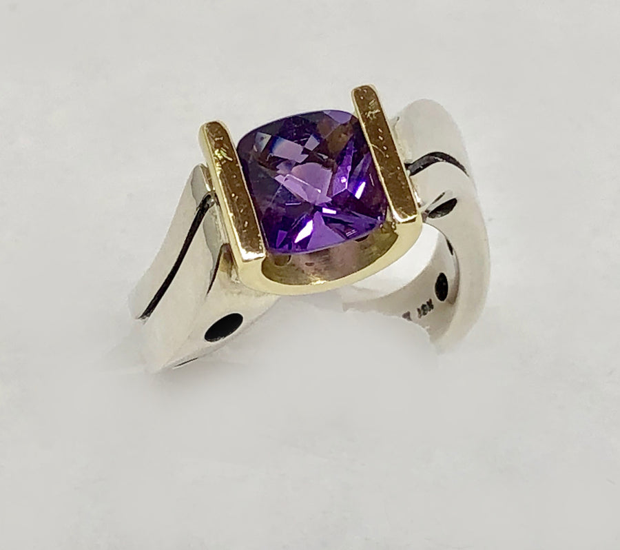 Custom Made Amethyst Ring 18Karat and Sterling Silver