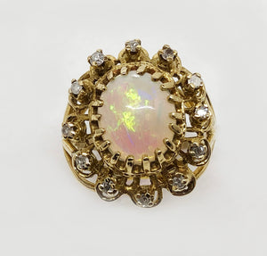 Large Opal and Diamond Cluster Ring 14 Karat Yellow Gold