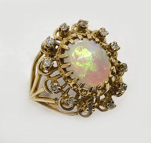 Large Opal and Diamond Cluster Ring 14 Karat Yellow Gold