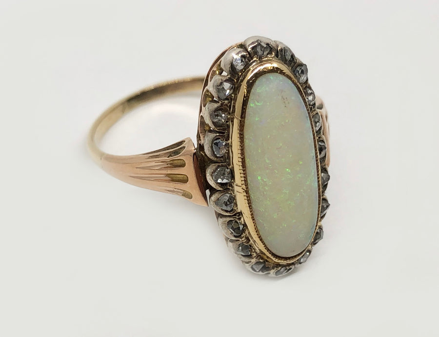 Antique Opal And Diamond Ring 10 Karat Yellow Gold