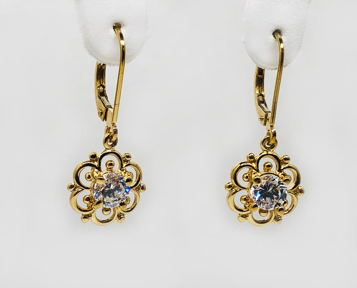 Gold Dangle Filigree Earrings Cubic Zirconia