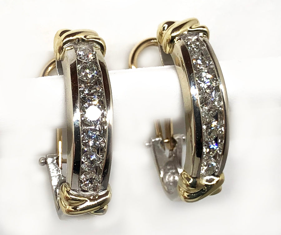 Channel Set Diamond Earrings Omega Clip and Post 14 Karat Yellow Gold
