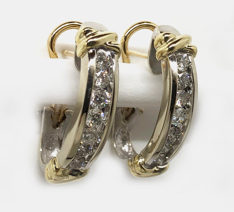 Channel Set Diamond Earrings Omega Clip and Post 14 Karat Yellow Gold