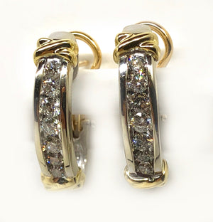 Channel Set Diamond Earrings Omega Clip and Post 14 Karat Yellow Gold