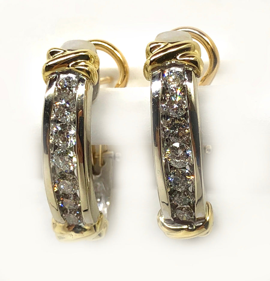 Channel Set Diamond Earrings Omega Clip and Post 14 Karat Yellow Gold