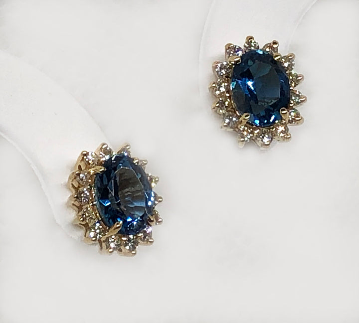 Blue Topaz And Diamond Earrings 14 Karat Yellow Gold