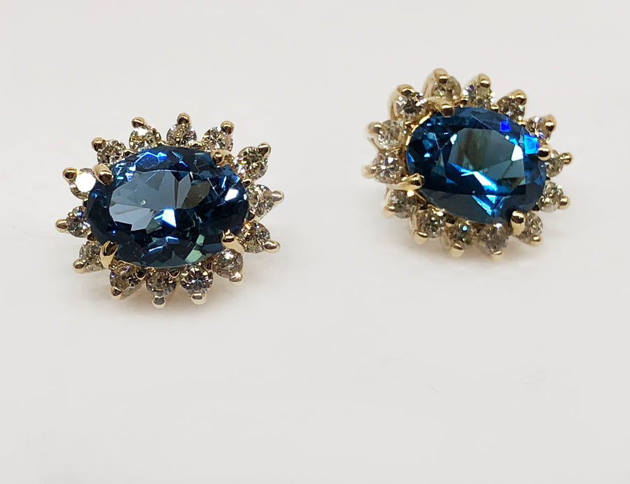Blue Topaz And Diamond Earrings 14 Karat Yellow Gold