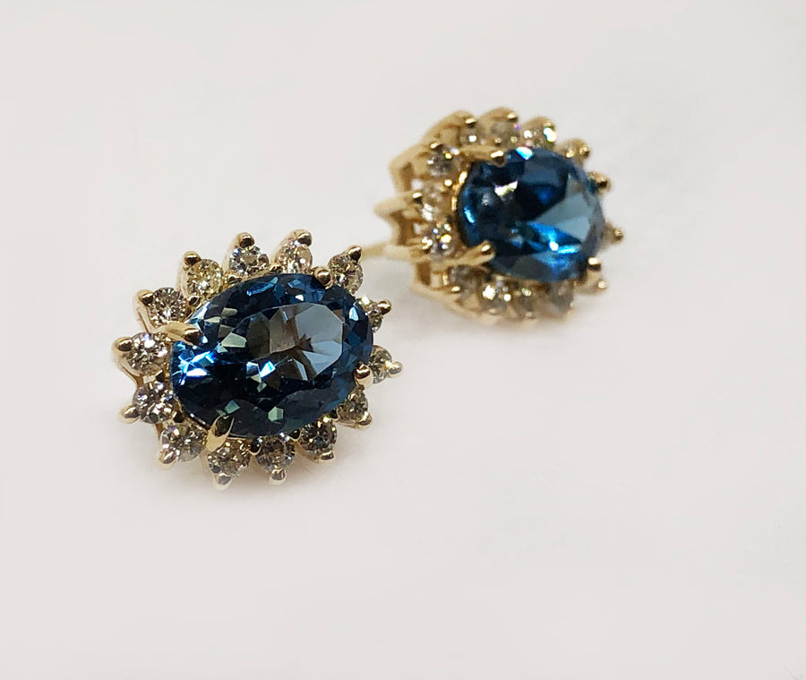Blue Topaz And Diamond Earrings 14 Karat Yellow Gold