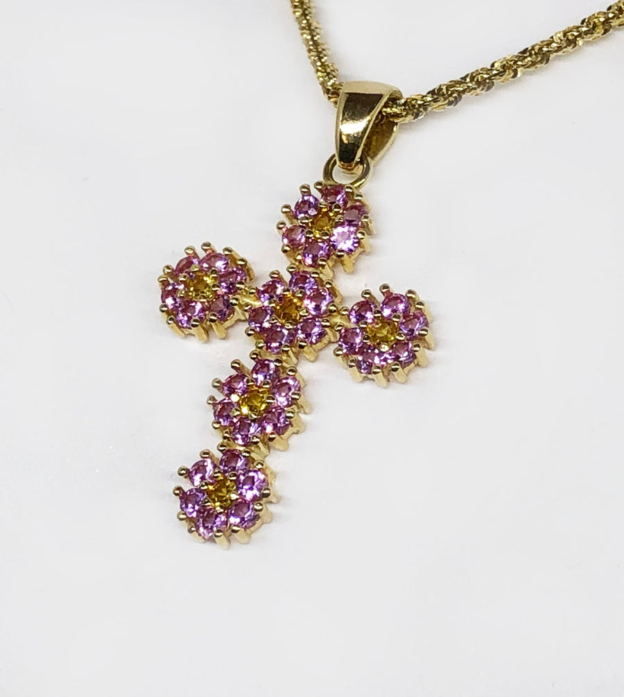 Pink and Yellow Sapphire Cross in 18 Karat Gold