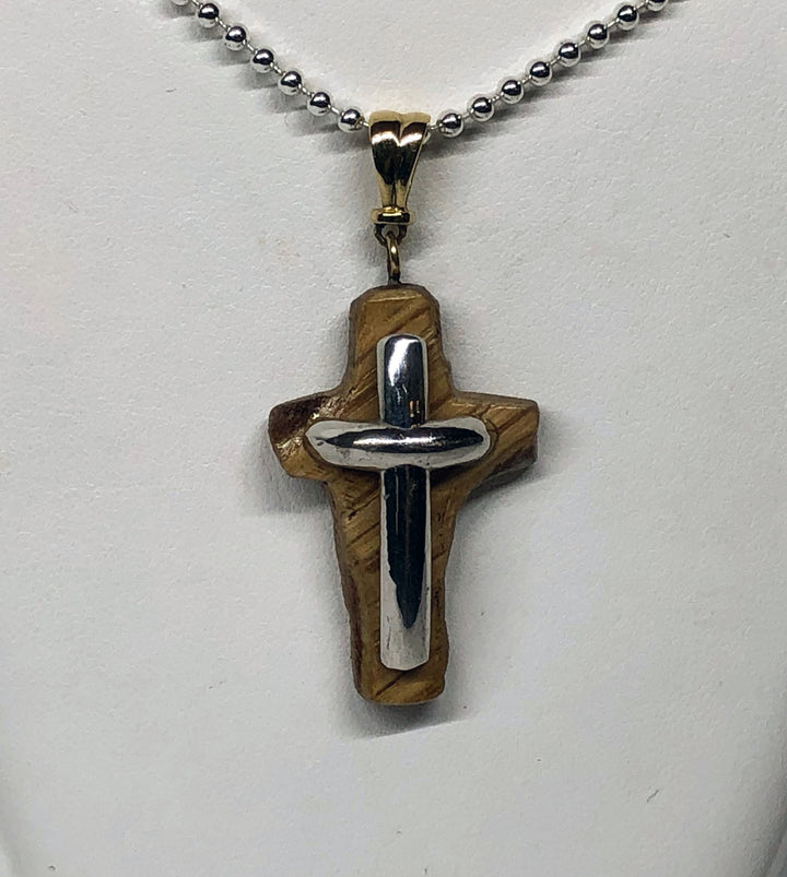 Hand Crafted Sterling and Wood Cross with 14K Gold Bail