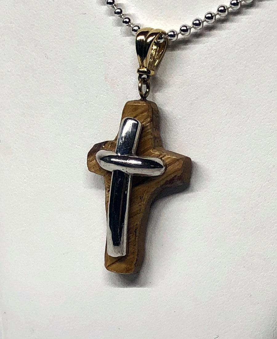 Hand Crafted Sterling and Wood Cross with 14K Gold Bail