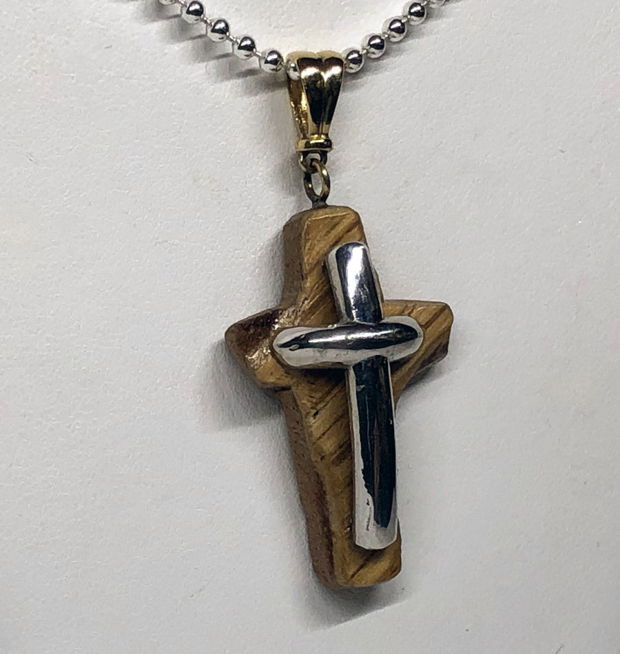 Hand Crafted Sterling and Wood Cross with 14K Gold Bail