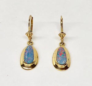 Opal Inlay Dangle Earrings 14 Karat Yellow Gold