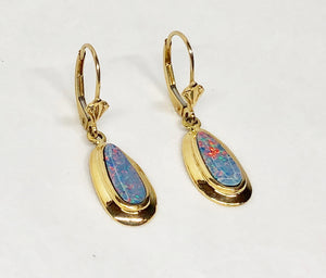 Opal Inlay Dangle Earrings 14 Karat Yellow Gold