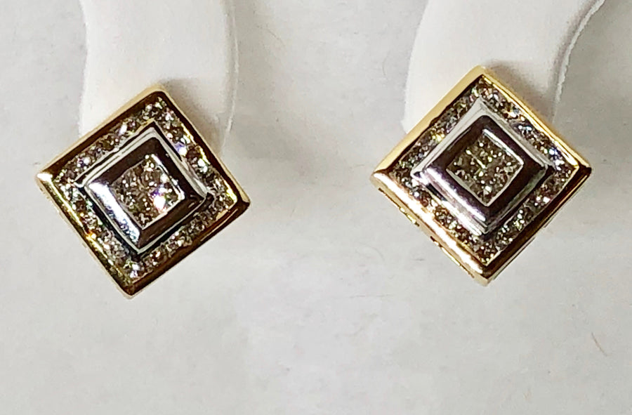 Diamond Earrings princess Cut 14 Karat Yellow Gold Square