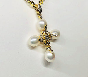 Pearl Cross With Diamonds 14 Karat Yellow Gold