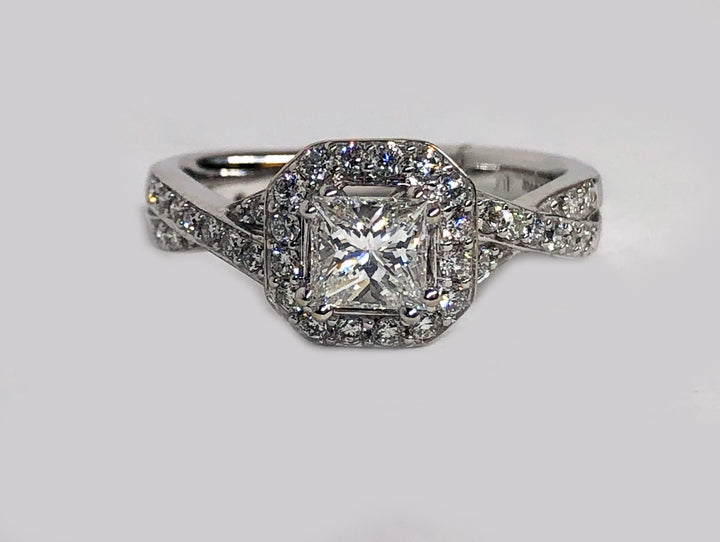 Engagement Diamond Ring Princess 14 Karat White Gold Halo