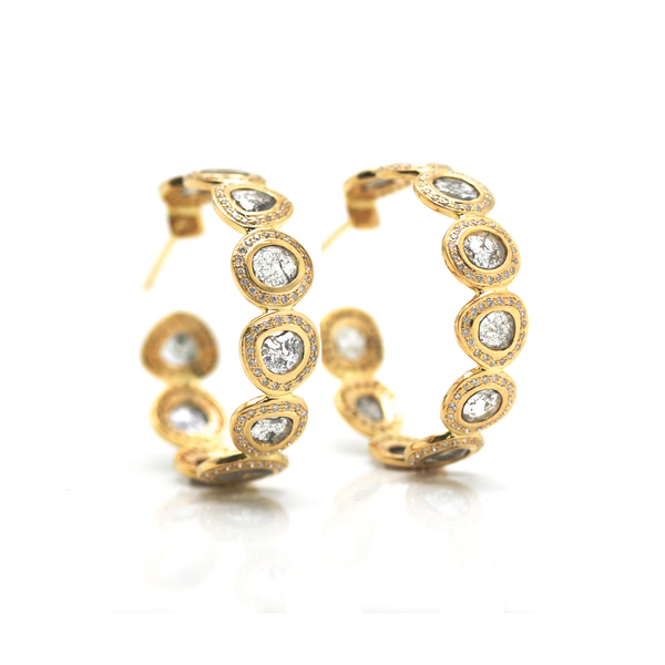 Raw organic diamond slice & colorless brilliant diamond hoops 18K