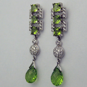 Green Peridot and Diamonds Dangle Earrings in 18k White Gold